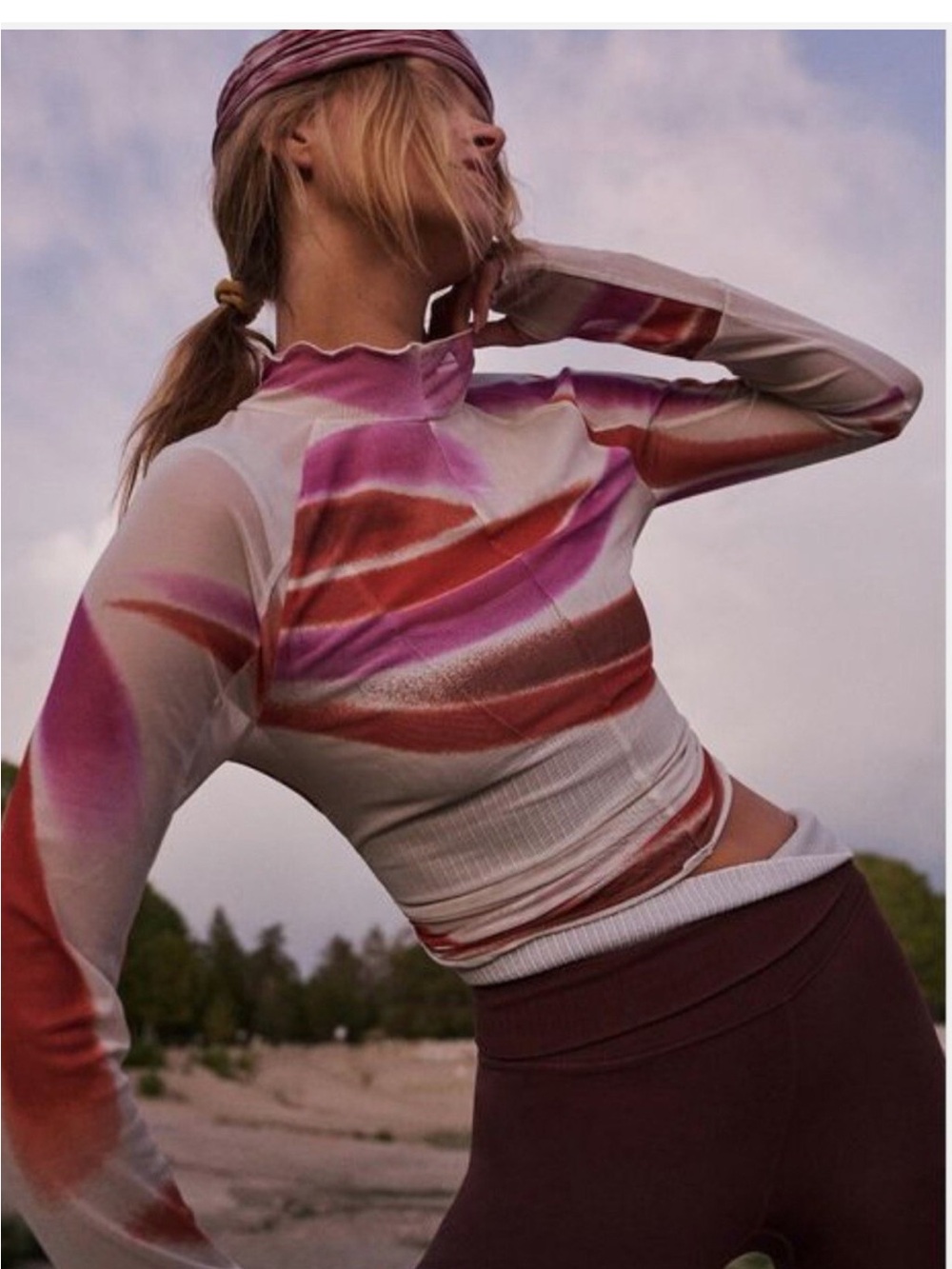 FP Movement by Free People Jump Off Pink & Rust Sheer Mock Neck Long Sleeve Top